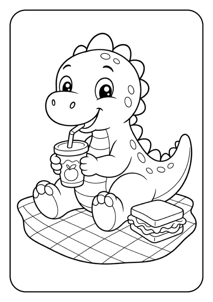 Schattige baby dinosaurus kleurplaat die picknickt met een drankje en sandwich