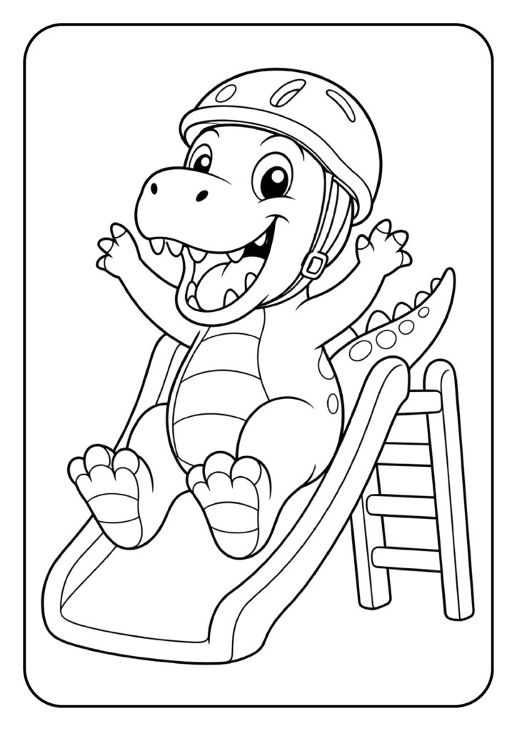 Schattige T-Rex kleurplaat die van een glijbaan glijdt met een veiligheidshelm op