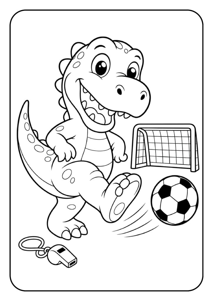 Schattige T-Rex kleurplaat die voetbal speelt en tegen een bal schopt
