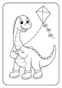 Schattige Brachiosaurus kleurplaat die een vlieger oplaat met regenlaarzen aan