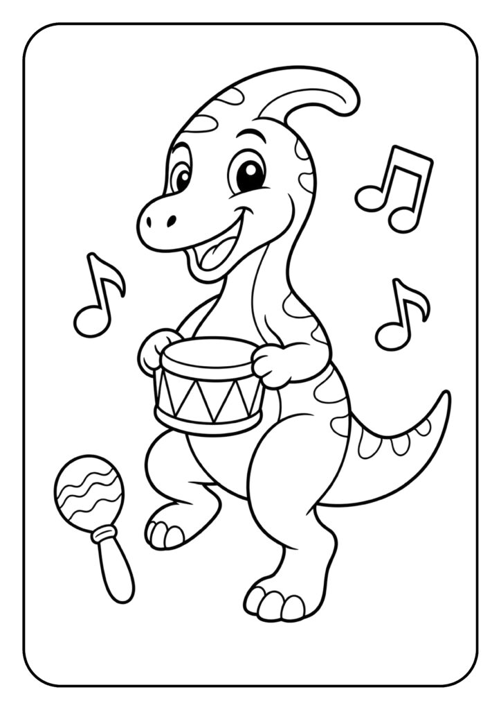 Schattige Parasaurolophus kleurplaat die muziek maakt met een trommel en maracas