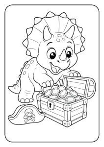 Schattige Triceratops piraat kleurplaat met een schatkist vol gouden munten