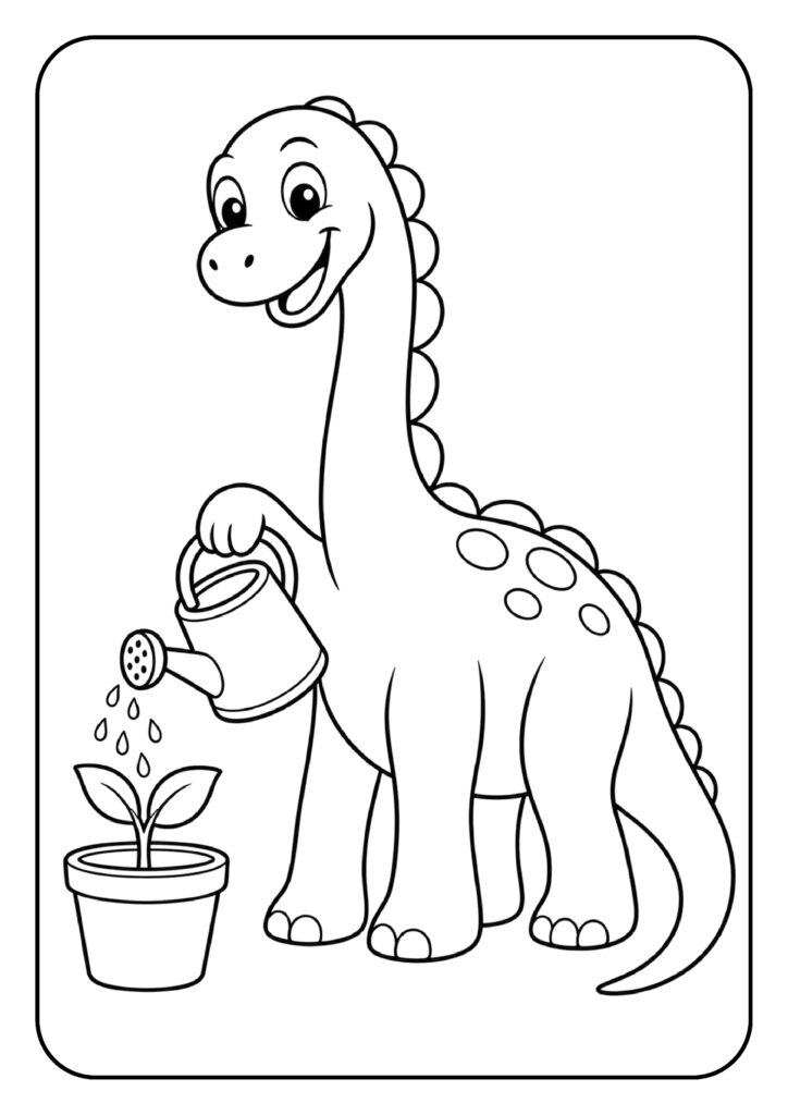 Schattige Brachiosaurus kleurplaat die een plant water geeft met een gieter