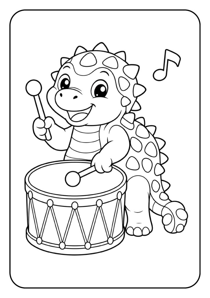Schattige Ankylosaurus kleurplaat die op een trommel speelt en muziek maakt