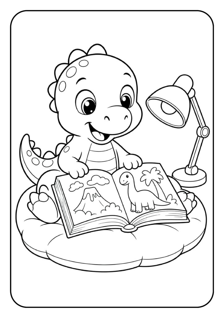 Schattige T-Rex kleurplaat die een dinosaurusboek leest op een kussen onder een leeslamp