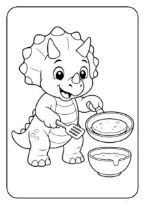 Schattige Triceratops kleurplaat die pannenkoeken bakt in de keuken