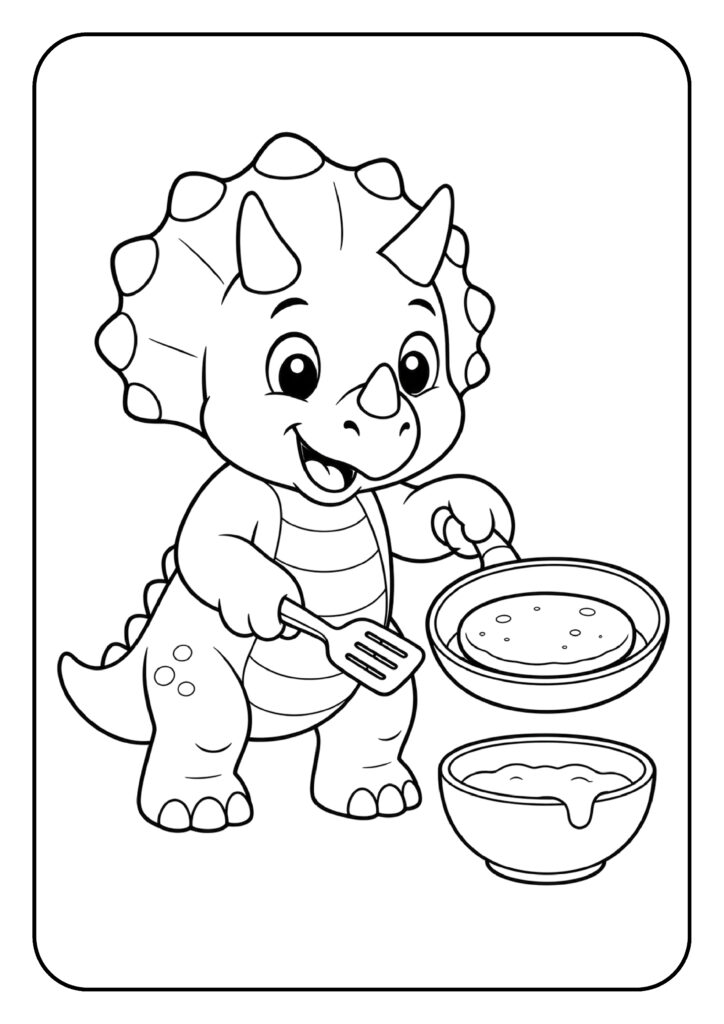 Schattige Triceratops kleurplaat die pannenkoeken bakt in de keuken