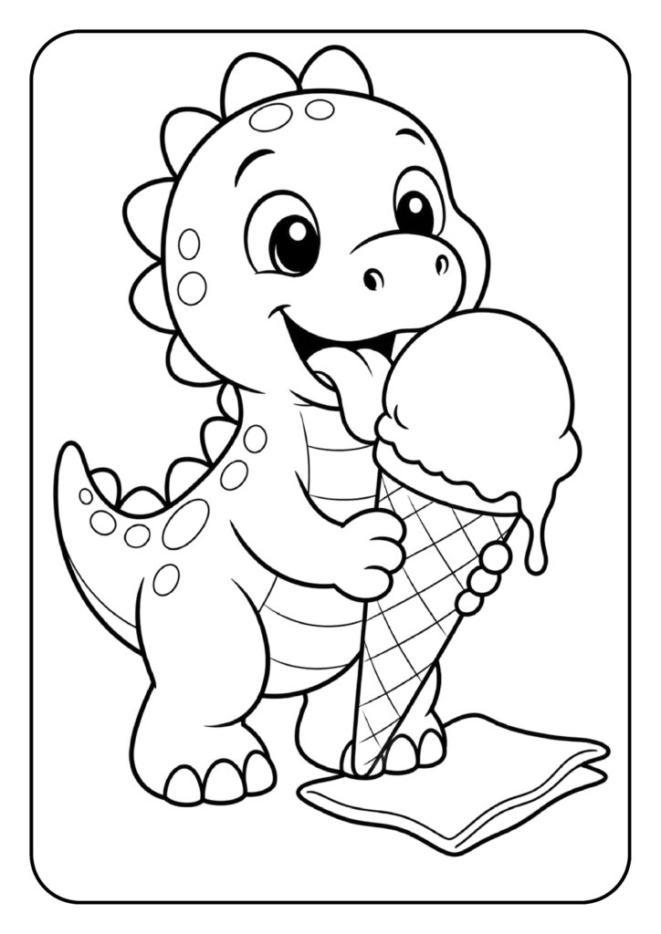 Schattige T-Rex kleurplaat die een groot ijsje eet