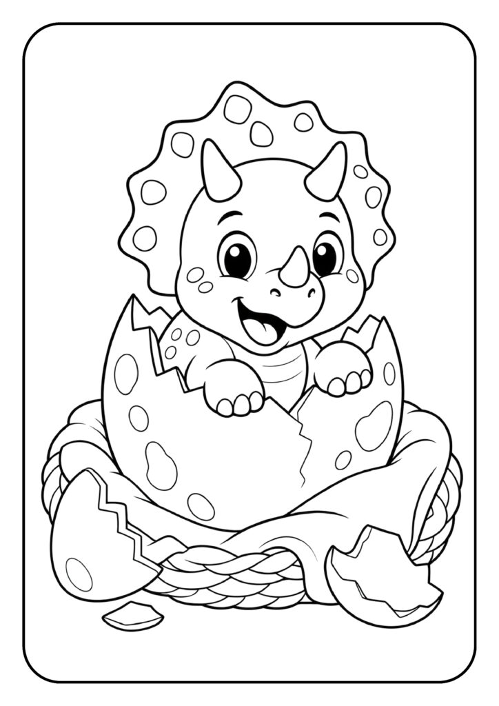Schattige kleurplaat van een baby triceratops die uit een ei komt en vrolijk kijkt