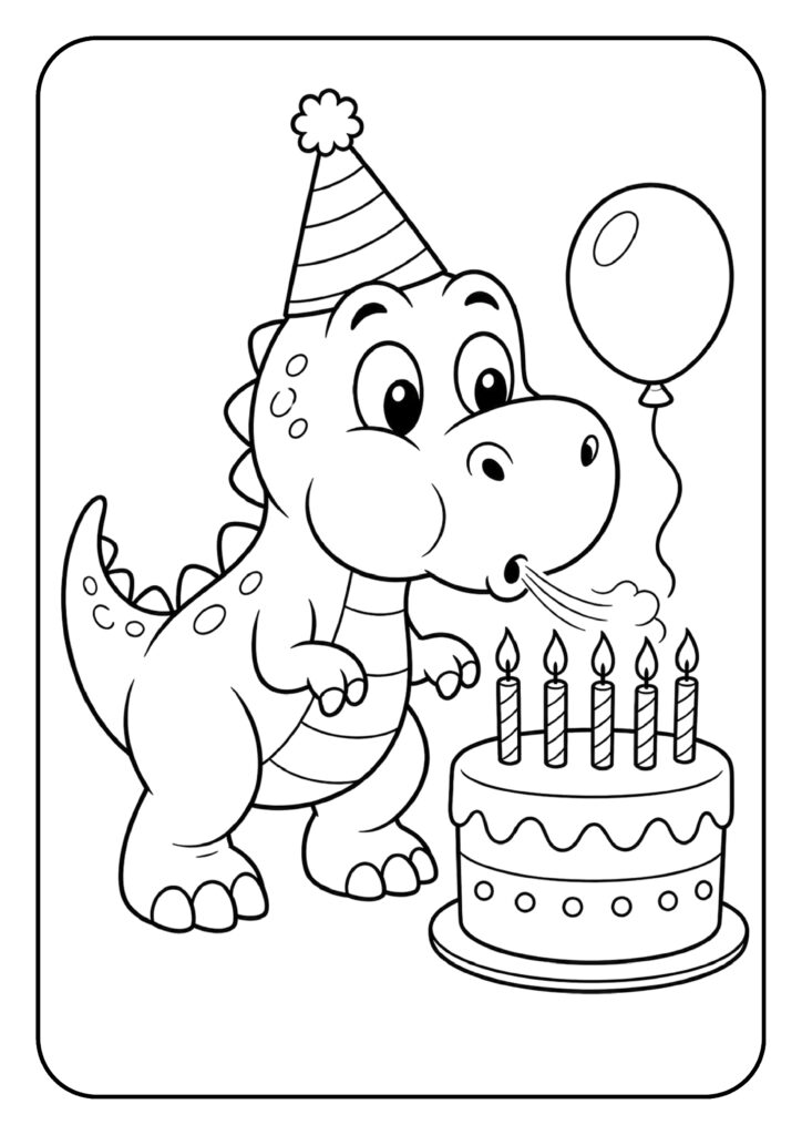 Kleurplaat van een schattige dinosaurus met feesthoedje die vijf kaarsjes uitblaast op een verjaardagstaart met ballonnen op de achtergrond.
