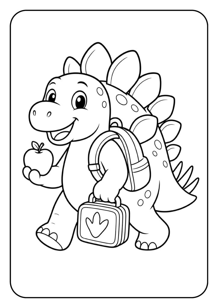 Leuke kleurplaat van een vrolijke stegosaurus die een appel vasthoudt en een rugzak en lunchbox draagt.
