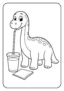 Leuke kleurplaat van een vrolijke schattige onbekende dinosaurus die uit een drankje drinkt met een rietje.