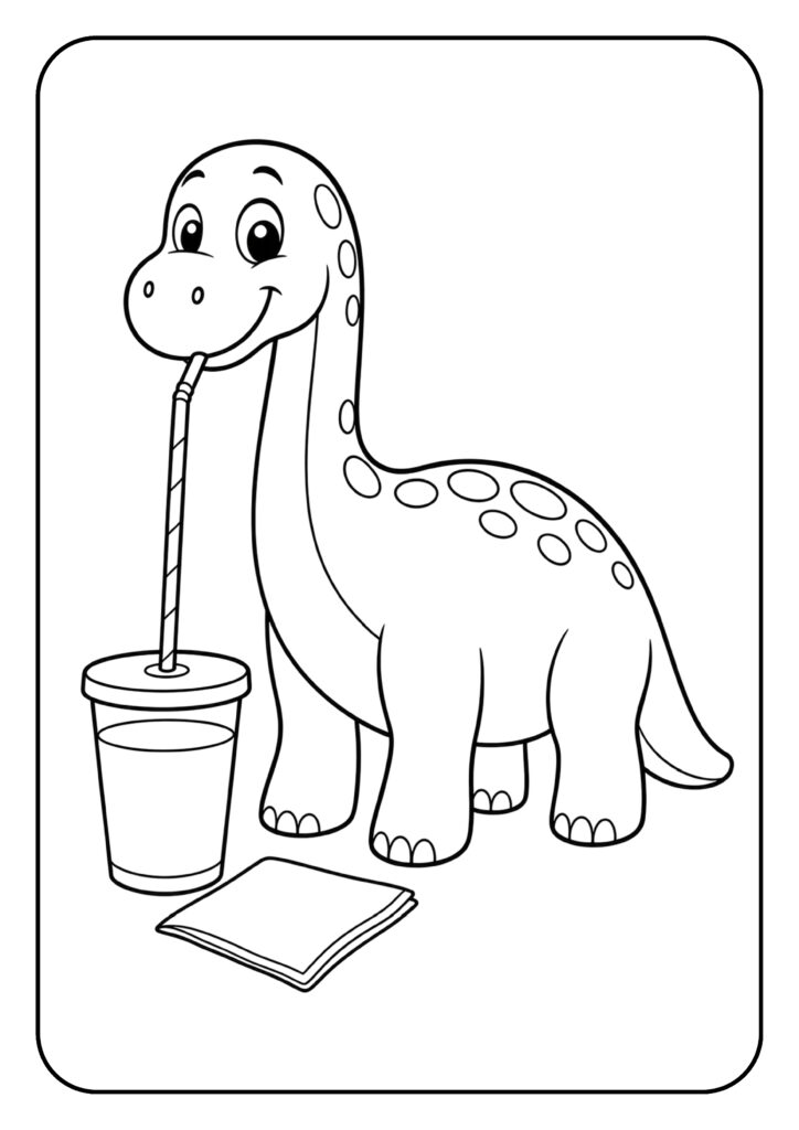 Leuke kleurplaat van een vrolijke schattige onbekende dinosaurus die uit een drankje drinkt met een rietje.