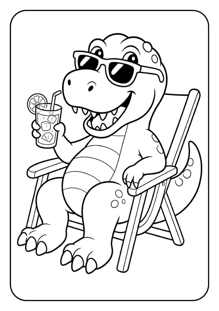 Leuke kleurplaat van een vrolijke dinosaurus die met zonnebril in een stoel zit en een glas limonade vasthoudt.