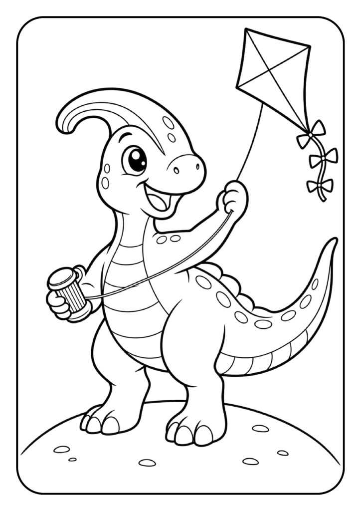 Leuke kleurplaat van een vrolijke parasaurolophus dinosaurus die een vlieger vasthoudt