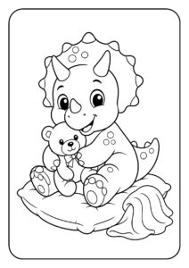 Kleurplaat van een schattige baby triceratops die een teddybeer vasthoudt en op een kussen zit
