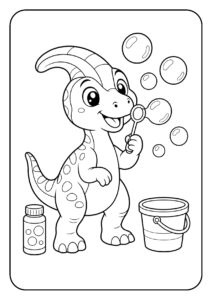 Kleurplaat van een schattige baby dinosaurus die bellen blaast met een flesje en een emmer in een vrolijke en speelse setting