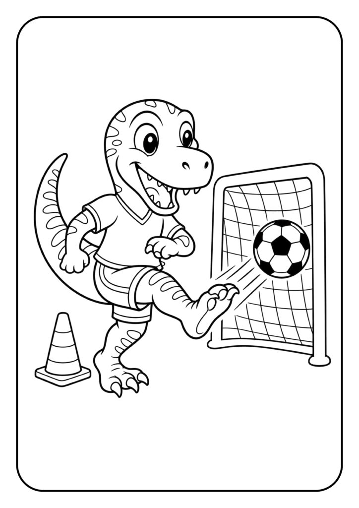 Schattige dinosaurus die een voetbal schiet op doel met verkeersconus ernaast