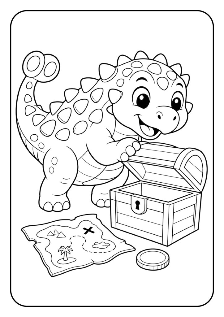 Leuke kleurplaat van een schattige ankylosaurus die een schatkist opent met een schatkaart ernaast.