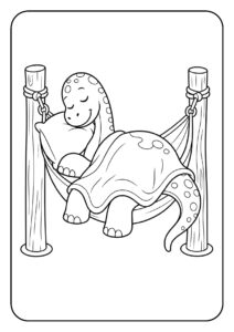 Kleurplaat van een schattige dinosaurus die slaapt in een hangmat tussen twee palen