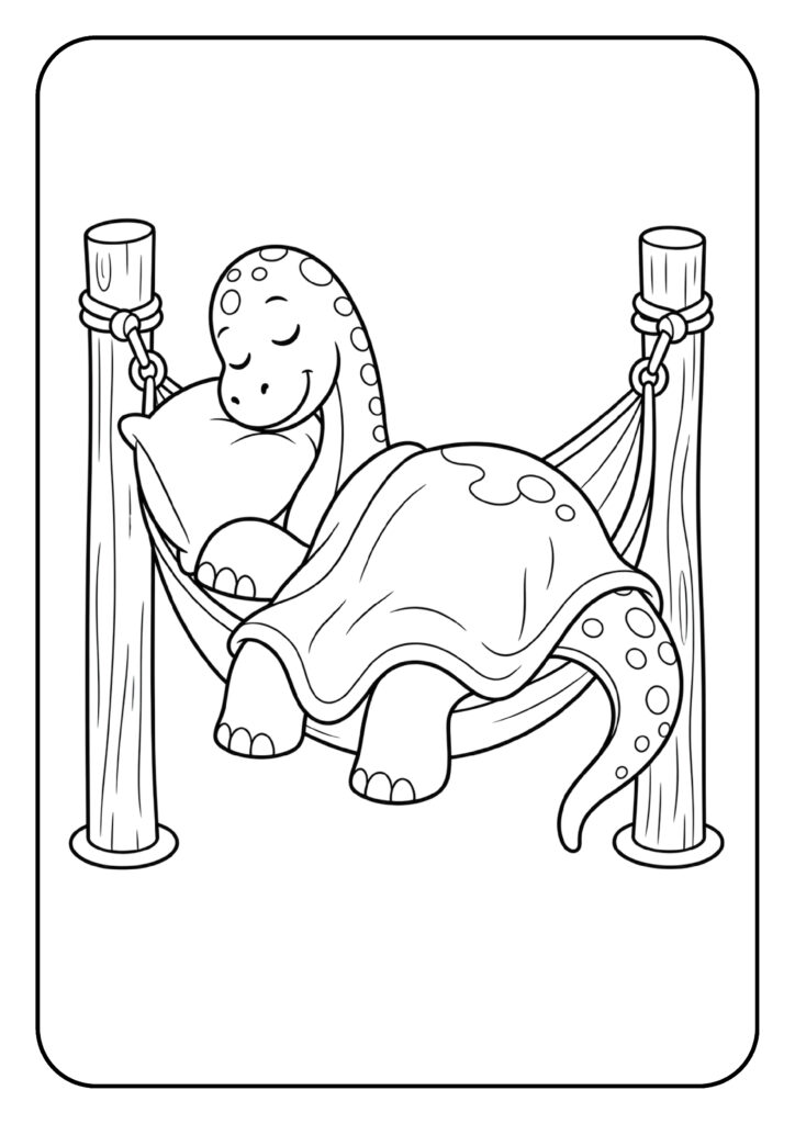 Kleurplaat van een schattige dinosaurus die slaapt in een hangmat tussen twee palen