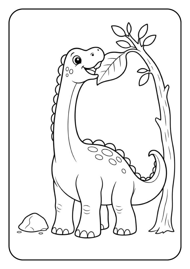 Leuke kleurplaat van een vrolijke diplodocus die aan een boom eet in een bosrijke omgeving