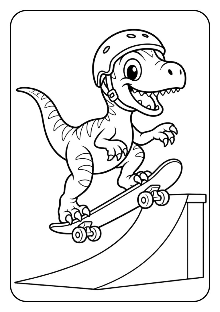 Vrolijke dinosaurus met helm skatet op een halfpipe in deze leuke kleurplaat voor kleuters