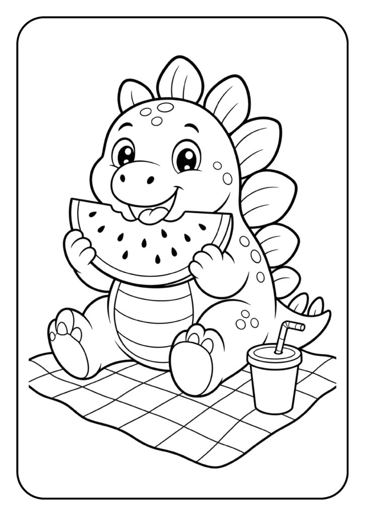 Kleurplaat van een schattige baby stegosaurus die een stuk watermeloen eet op een picknickkleed