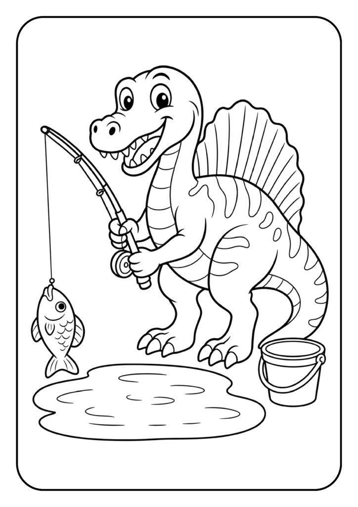 Leuke kleurplaat van een vrolijke Spinosaurus met een hengel die een vis heeft gevangen naast een waterplas en een emmer