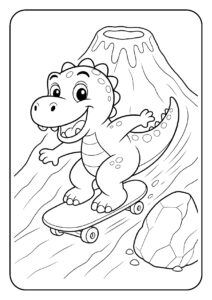 Schattige dinosaurus op skateboard die van een vulkaan afdalen in een vrolijke kleurplaat met avontuur en prehistorisch thema.