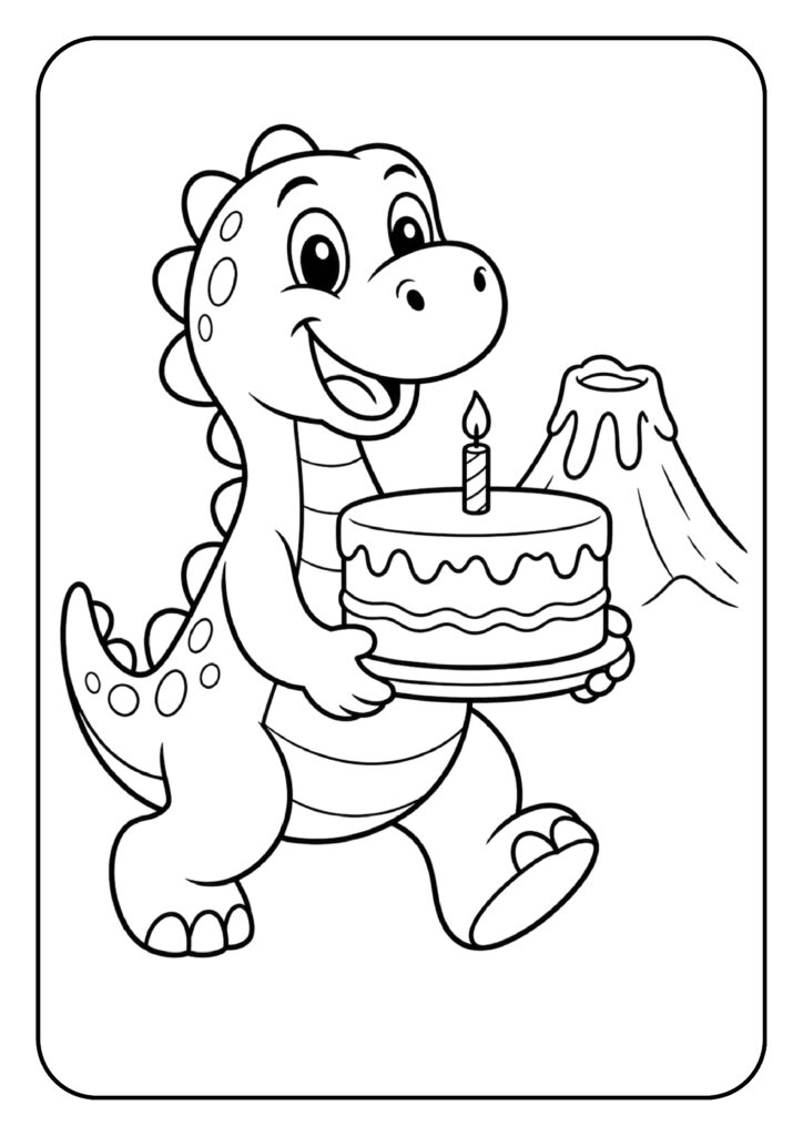 Schattige dinosaurus draagt een verjaardagstaart met een kaars, met een vulkaan op de achtergrond.