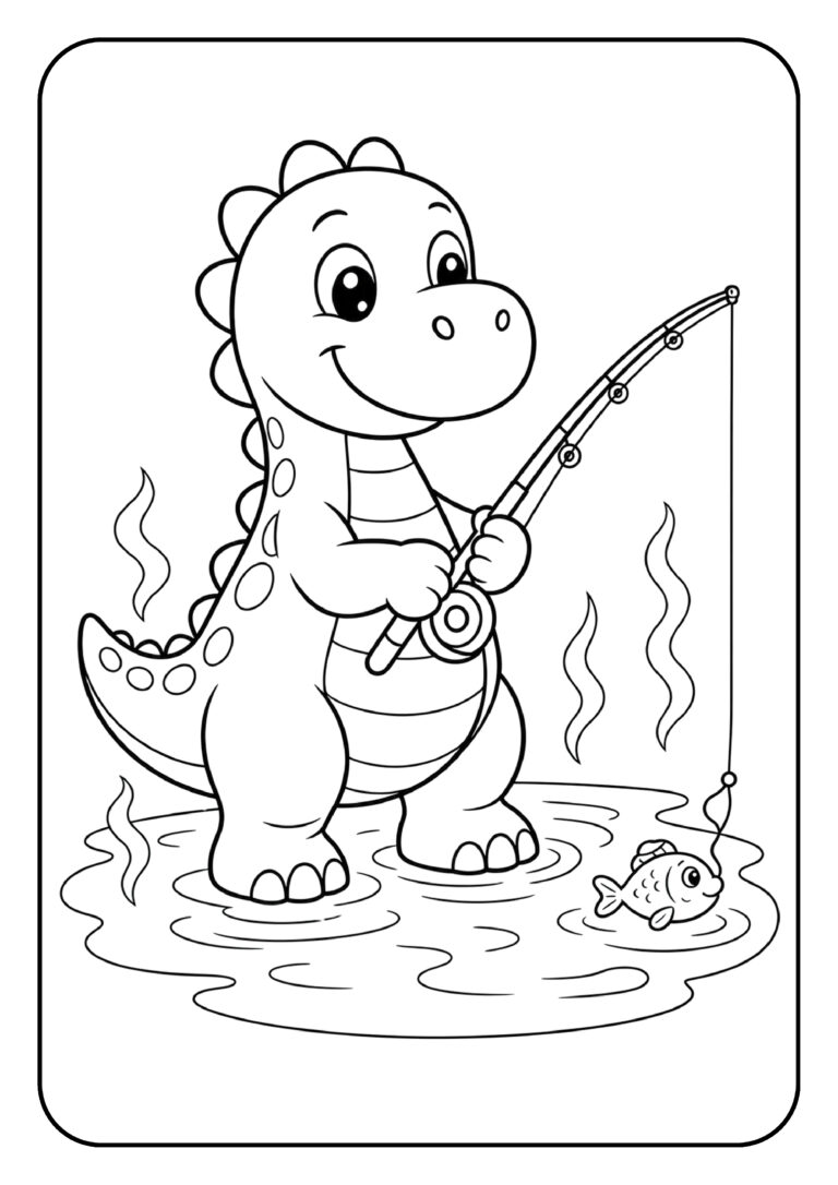 Leuke kleurplaat van een schattige dinosaurus die vist met een vrolijke uitstraling.