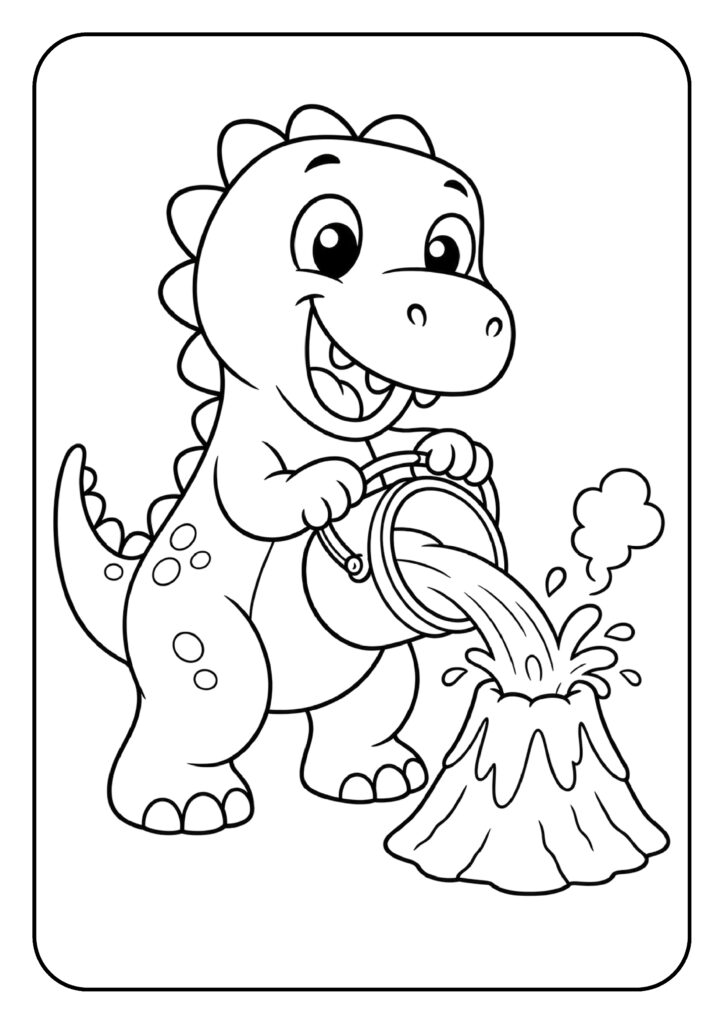 Vrolijke onbekende dinosaurus die met een gieter water giet op een vulkaan kleurplaat