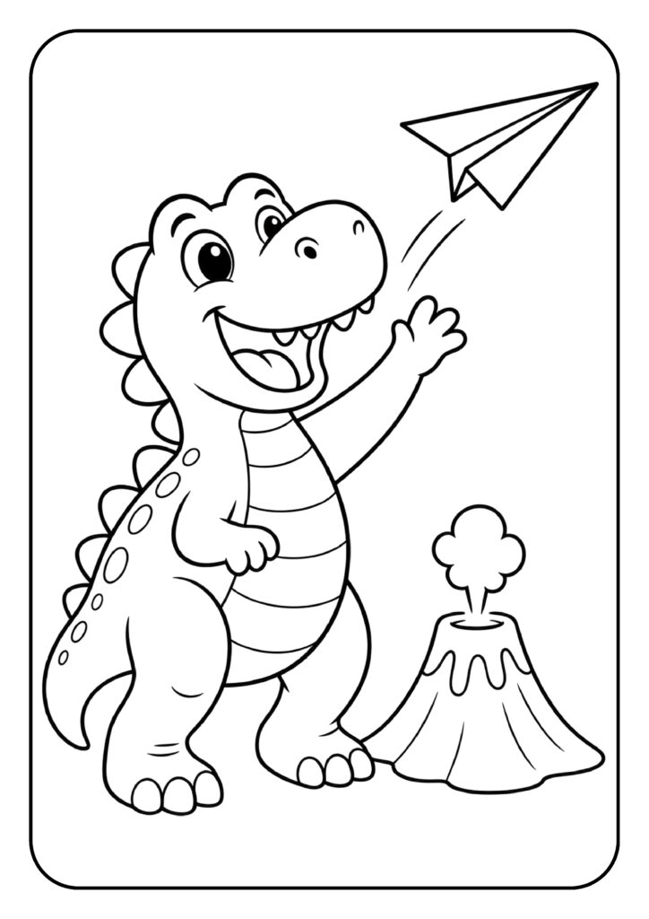 Vrolijke dinosaurus die een papieren vliegtuigje gooit bij een vulkaan kleurplaat voor kinderen