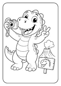 Kleurplaat van een vrolijke dinosaurus die een foto maakt met een camera en een vulkaan op de achtergrond.