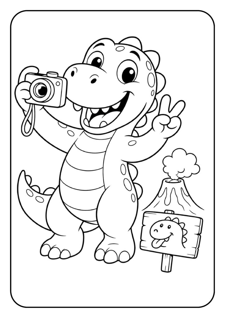 Kleurplaat van een vrolijke dinosaurus die een foto maakt met een camera en een vulkaan op de achtergrond.
