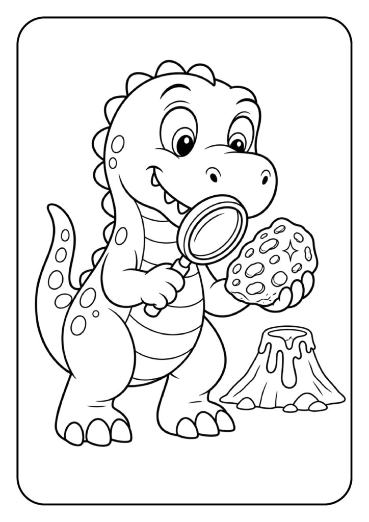 Kleurplaat van een schattige dinosaurus die met een vergrootglas naar een steen kijkt naast een vulkaan.