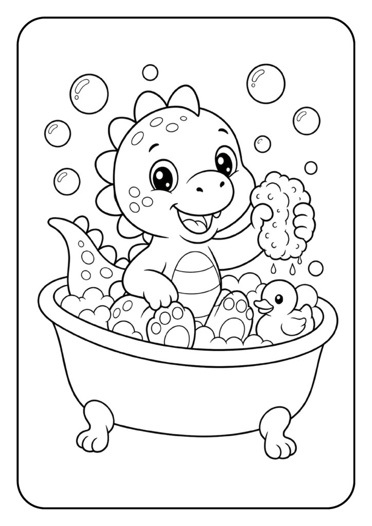 Schattige baby dinosaurus zit in een badkuip met bubbels en houdt een spons vast