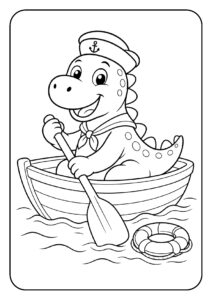 Leuke kleurplaat van een schattige dinosaurus die vrolijk in een roeiboot zit en aan het roeien is op het water.