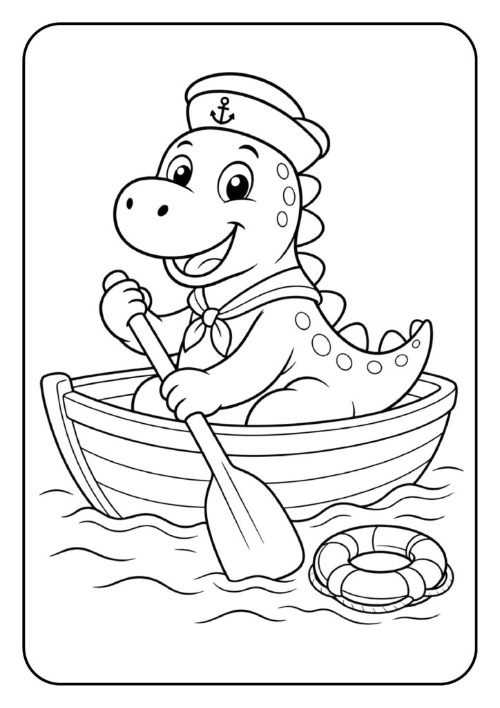 Leuke kleurplaat van een schattige dinosaurus die vrolijk in een roeiboot zit en aan het roeien is op het water.