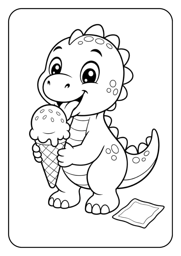 Leuke kleurplaat van een schattige dinosaurus die blij een ijsje eet.