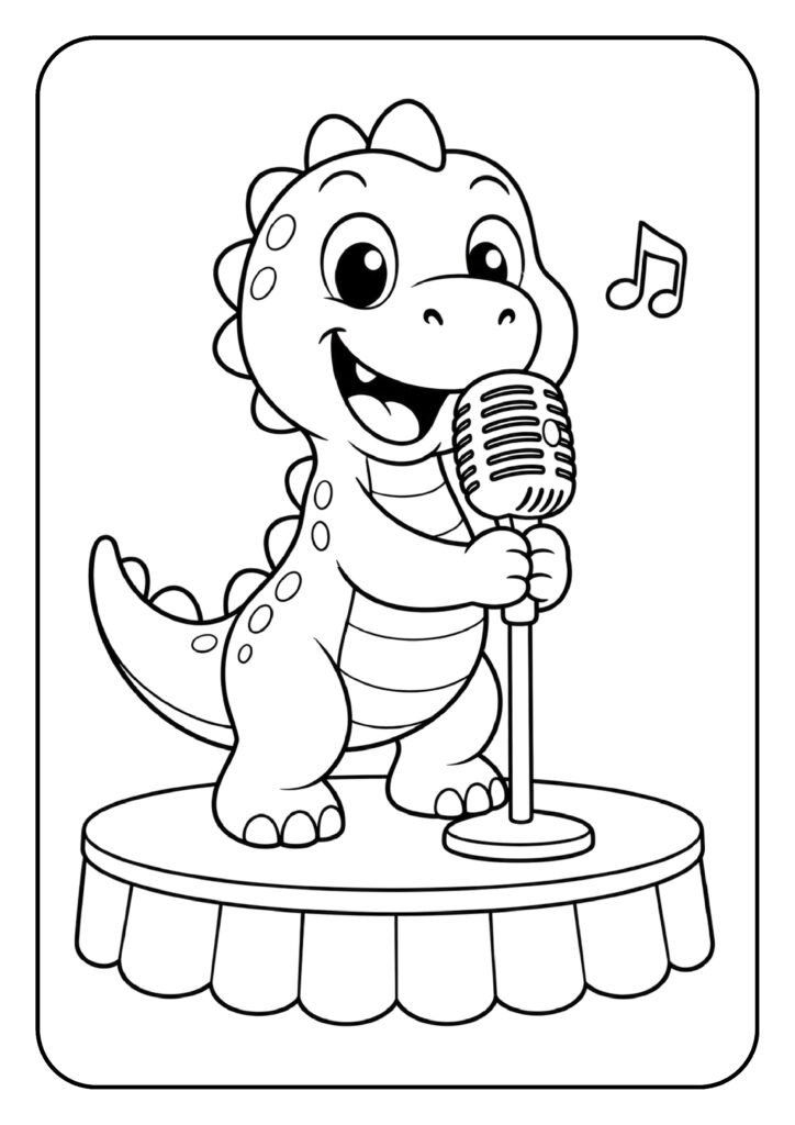 Leuke kleurplaat van een vrolijke dinosaurus die zingt met een microfoon op een podium.
