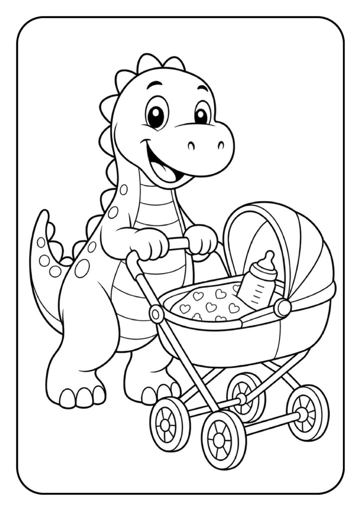 Vrolijke kleurplaat van een schattige dinosaurus die een kinderwagen met een flesje duwt