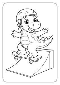 Vrolijke dinosaurus op skateboard met helm die van een skatebaan afgaat