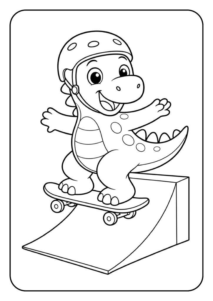 Vrolijke dinosaurus op skateboard met helm die van een skatebaan afgaat