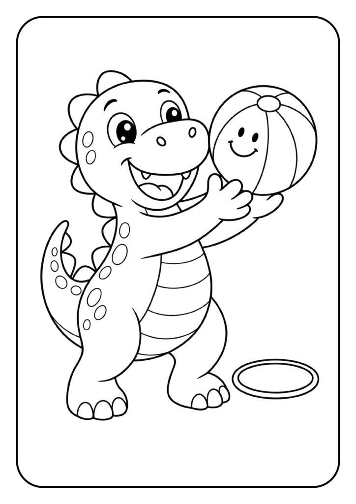 Leuke kleurplaat van een vrolijke baby dinosaurus die een bal vasthoudt, geschikt voor peuters.