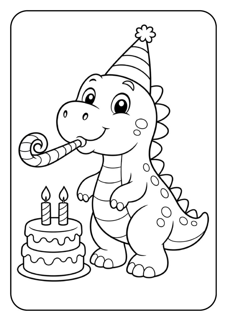 kleurplaat van een schattige cartoon dinosaurus met feesthoed die naast een verjaardagstaart blaast