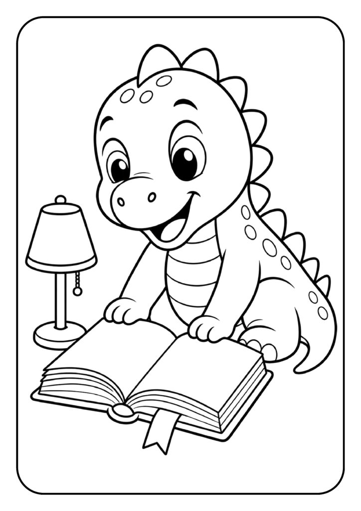 schattige dinosaurus met grote ogen die een open boek leest naast een lamp kleurplaat
