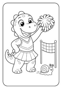 Leuke kleurplaat van een vrolijke dinosaurus als cheerleader met pompons en een klein lachend slakje, speciaal voor kinderen.