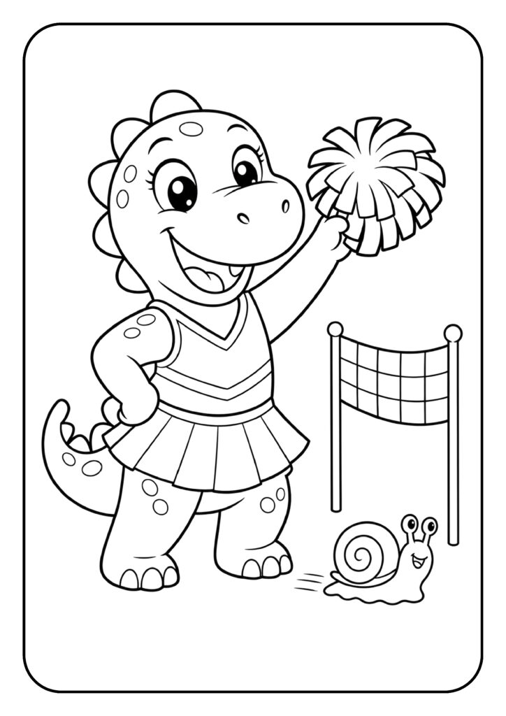 Leuke kleurplaat van een vrolijke dinosaurus als cheerleader met pompons en een klein lachend slakje, speciaal voor kinderen.